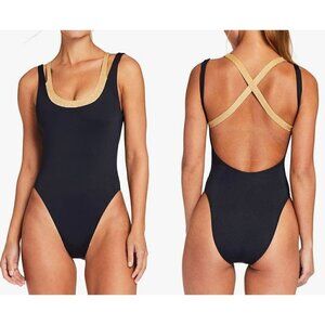 NWT Vitamin A Size S Stardust Layered One Piece Swimsuit Black Gold MSRP $190